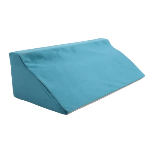 Blue triangular wedge pillow with a smooth surface.
