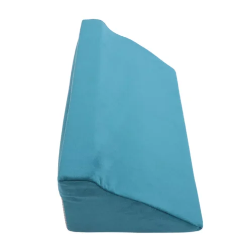 Blue triangular wedge pillow for side sleepers.