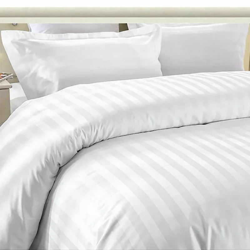 White striped cotton duvet cover with matching pillowcases.