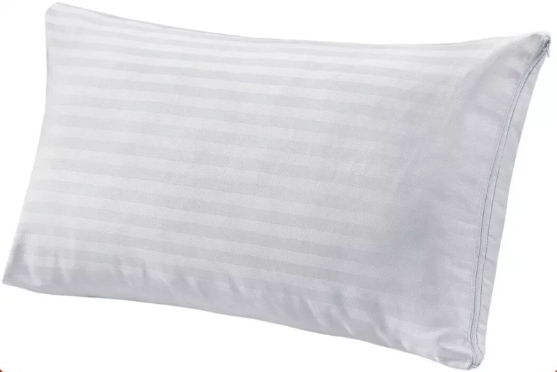 White pillow cover with subtle horizontal stripes.