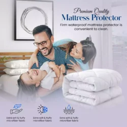 Family playing on bed with folded mattress protector nearby.