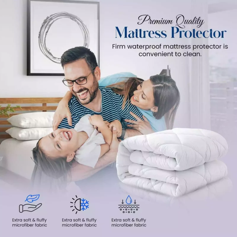 Family playing on bed with folded mattress protector nearby.