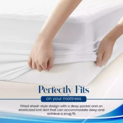 Hands fitting a white mattress protector over a mattress corner.