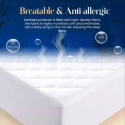 Close-up of a quilted mattress protector with text highlighting breathability and anti-allergic features.