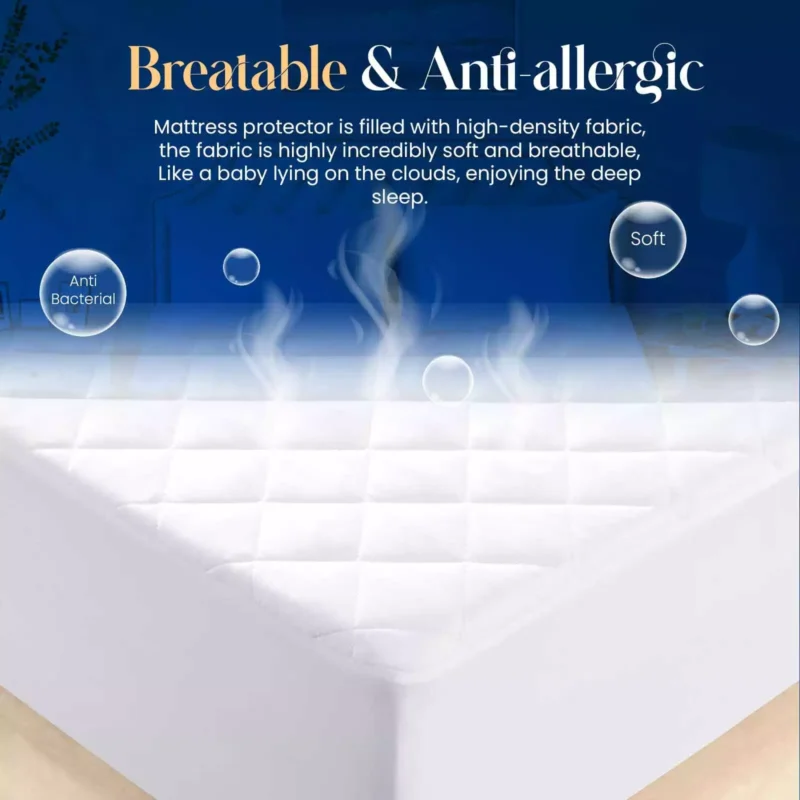 Close-up of a quilted mattress protector with text highlighting breathability and anti-allergic features.