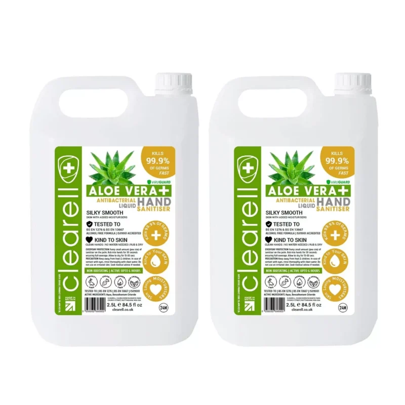 Two 2.5L bottles of Aloe Vera antibacterial hand sanitiser.