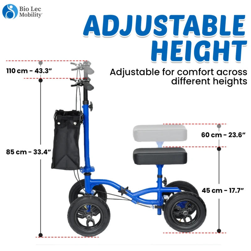 Blue knee walker scooter with adjustable handlebar and knee pad heights.