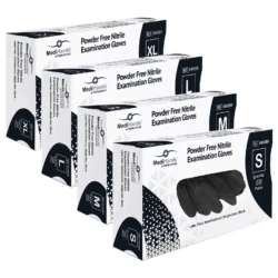 Boxes of powder free nitrile examination gloves in various sizes.