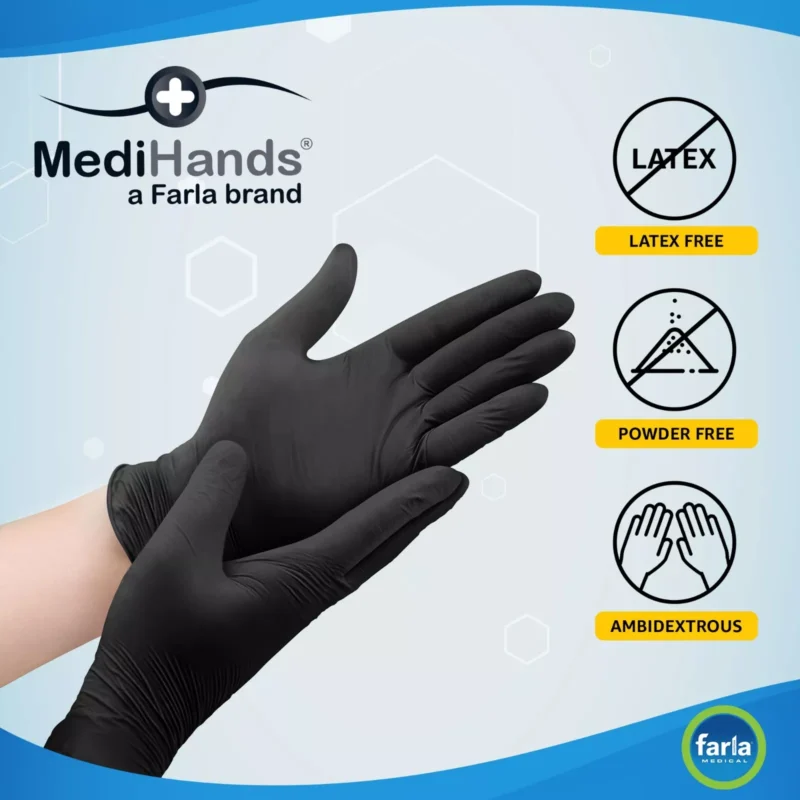 Hands wearing black disposable gloves with latex free, powder free, ambidextrous icons.