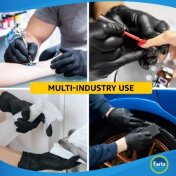 Collage showing black gloves used in tattooing, nail care, cleaning, and auto detailing.