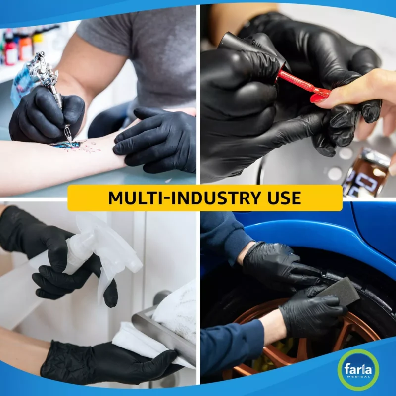 Collage showing black gloves used in tattooing, nail care, cleaning, and auto detailing.
