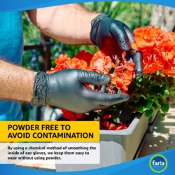 Person wearing black disposable gloves handling flowers.