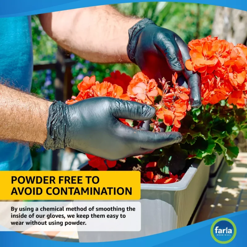 Person wearing black disposable gloves handling flowers.