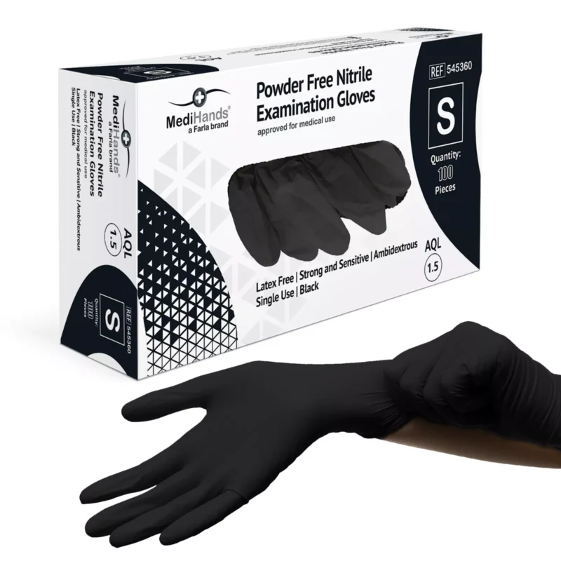 Box of powder-free nitrile examination gloves with a hand wearing a glove.