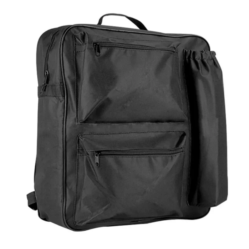 Black mobility scooter bag with multiple compartments.