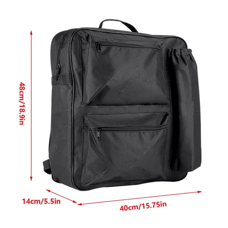 Black mobility scooter shopping bag with multiple compartments and dimensions.