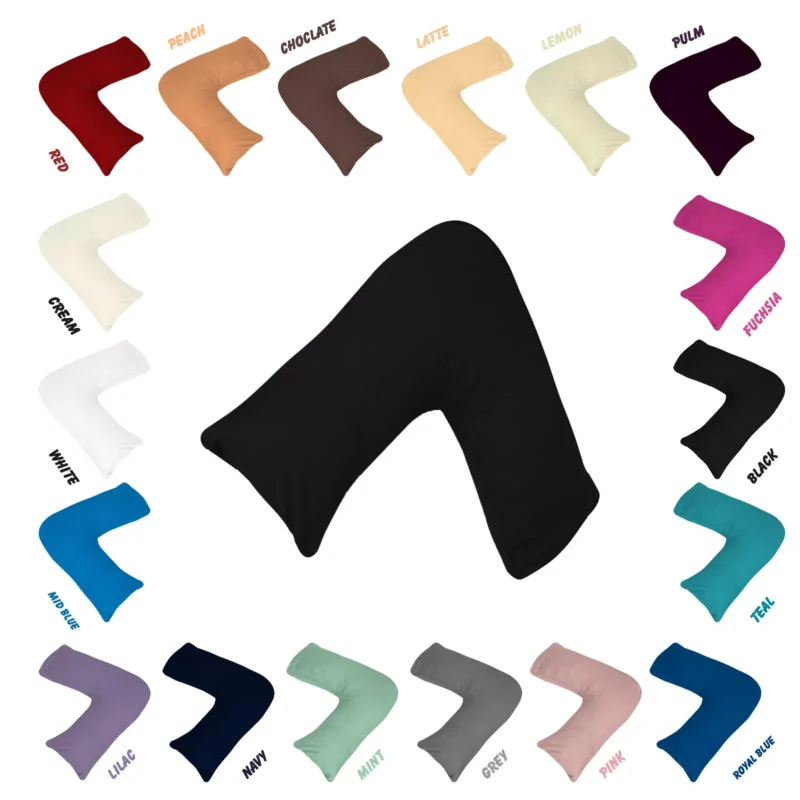 V-shaped pillow in various colors including black, red, and teal.