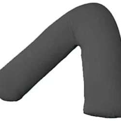 Charcoal V-shaped pillow for head, neck, and back support.