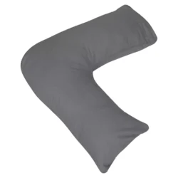 Grey V-shaped pillow for head, neck, and back support.