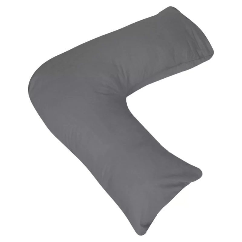 Grey V-shaped pillow for head, neck, and back support.