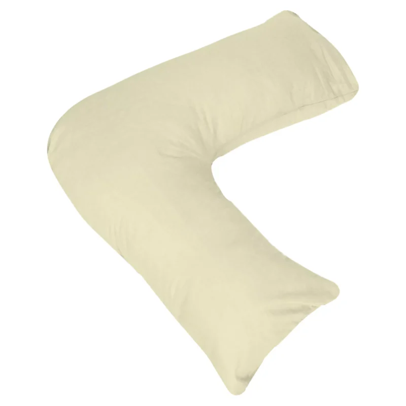 Cream V shaped pillow for head, neck, and back support.