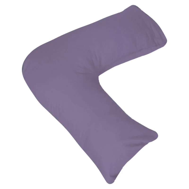 Purple V-shaped pillow for head, neck, and back support.