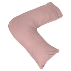 Pink V-shaped pillow for head and neck support.