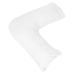 White V-shaped orthopedic pillow on white background.