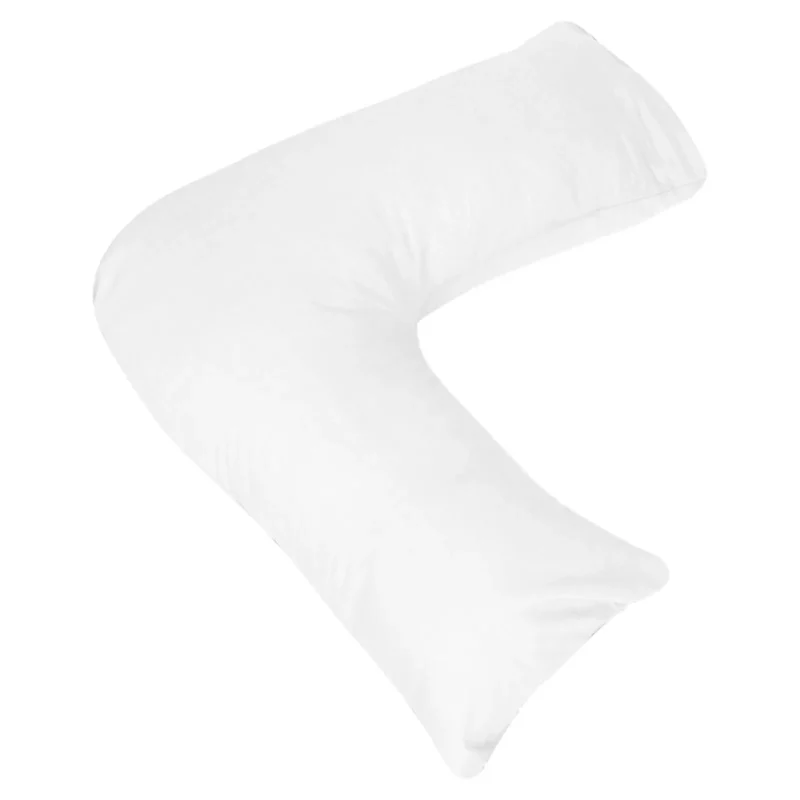 White V-shaped orthopedic pillow on white background.