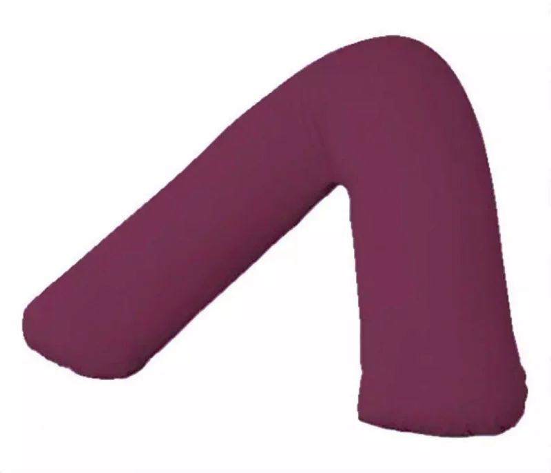 Plum V-shaped pillow for head and neck support.
