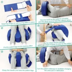 Step-by-step guide showing how to use a patient turning aid with a blue cushion.