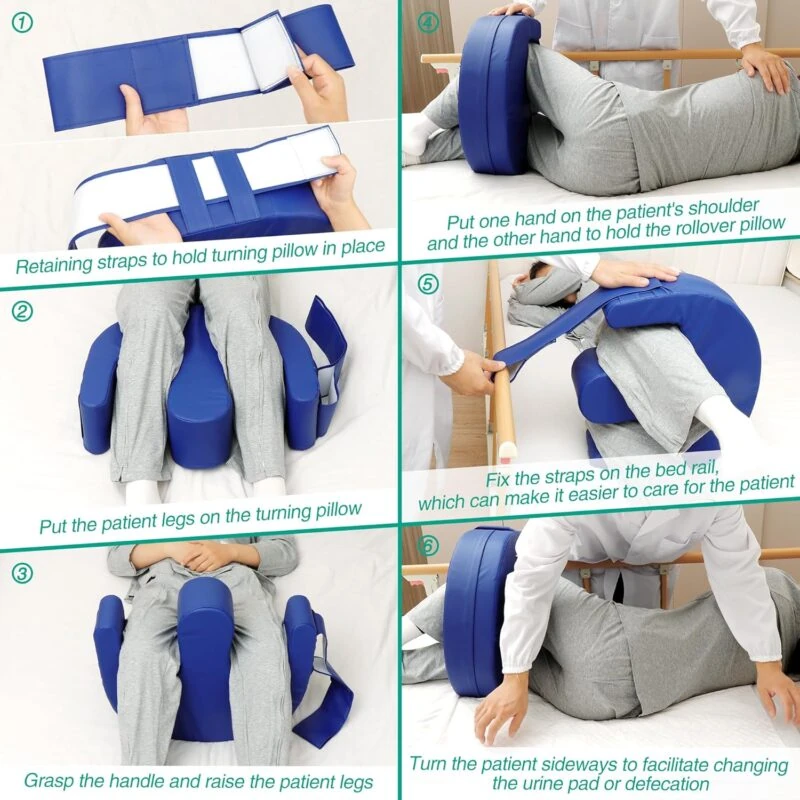 Step-by-step guide showing how to use a patient turning aid with a blue cushion.