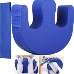 Blue U-shaped patient turning aid with strap and usage examples.