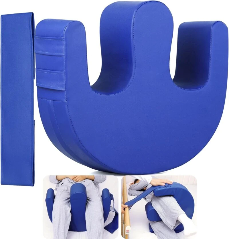Blue U-shaped patient turning aid with strap and usage examples.