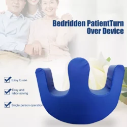 Blue U-shaped patient turning device with text 'Bedridden PatientTurn Over Device'.