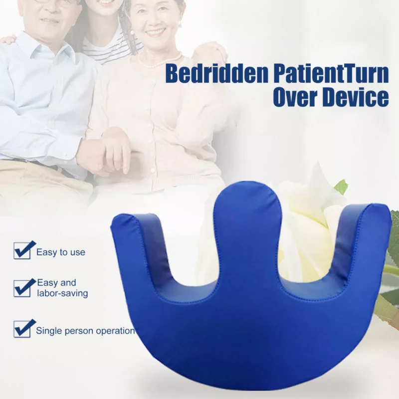Blue U-shaped patient turning device with text 'Bedridden PatientTurn Over Device'.