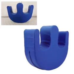 Blue U-shaped patient turning aid with grooves and strap.