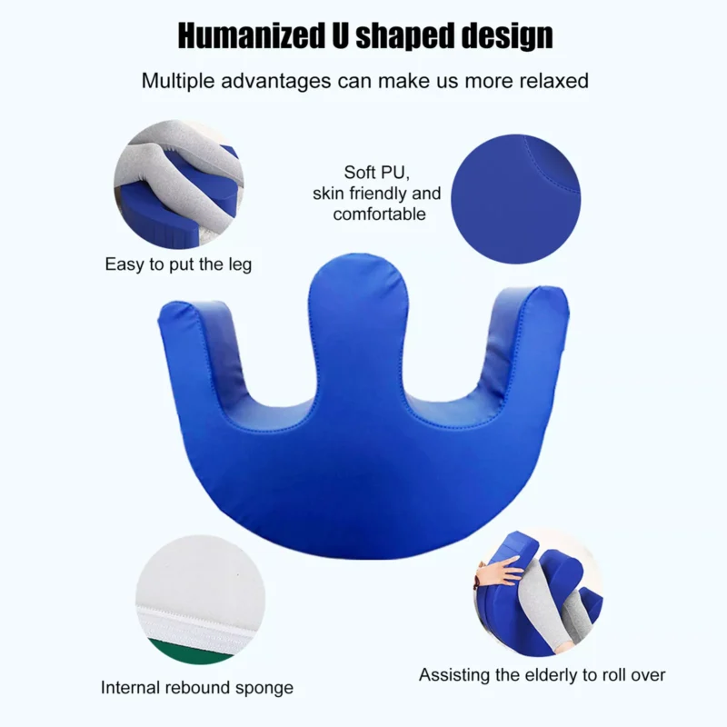 Blue U-shaped patient turning aid with text describing features.