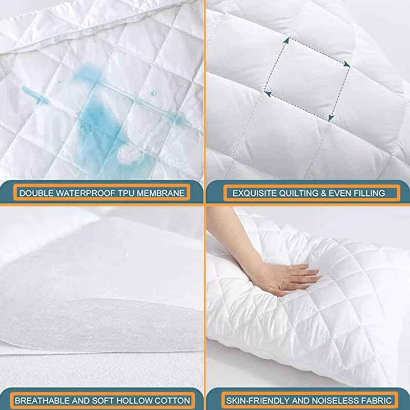 Four images showing waterproof, quilting, breathable cotton, and noiseless fabric features.