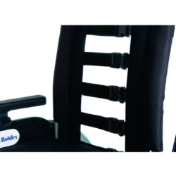Close-up of adjustable backrest with straps on a wheelchair.