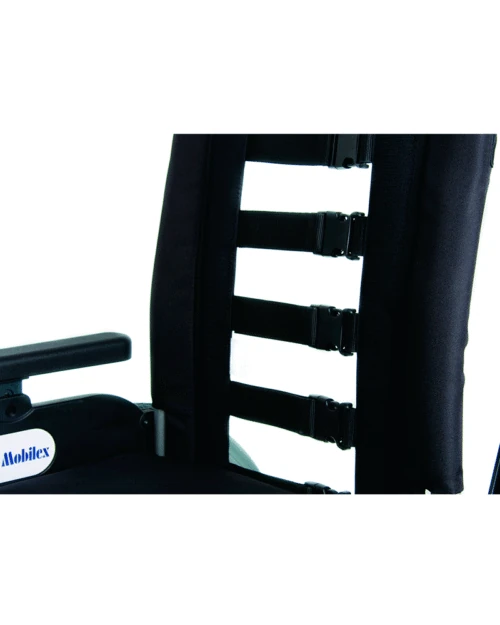 Close-up of adjustable backrest with straps on a wheelchair.