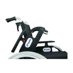 Side view of wheelchair showing push handles and rear wheel.