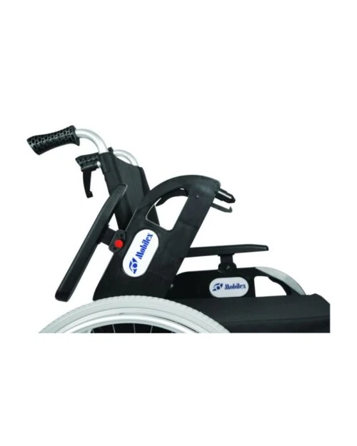 Side view of wheelchair showing push handles and rear wheel.