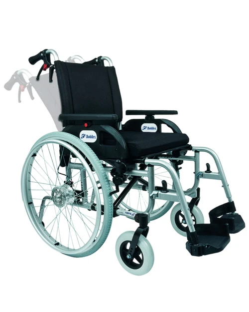 Silver aluminum wheelchair with black seat and adjustable handles.