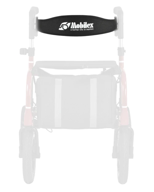 Mobilex rollator back belt with logo and slogan.