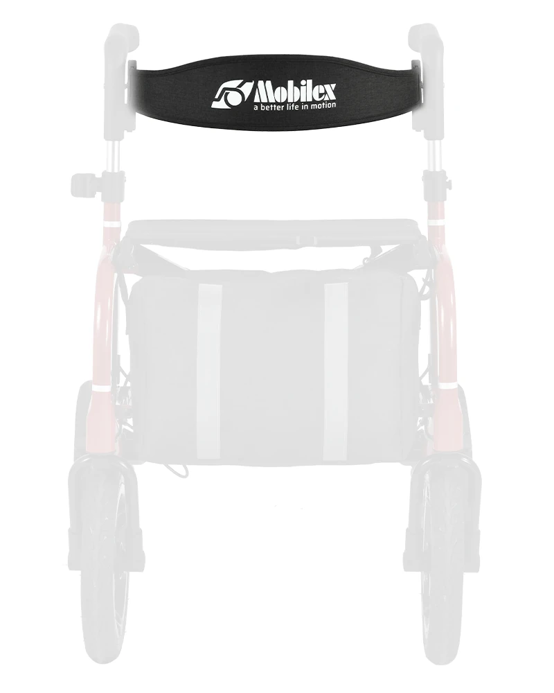 Mobilex rollator back belt with logo and slogan.