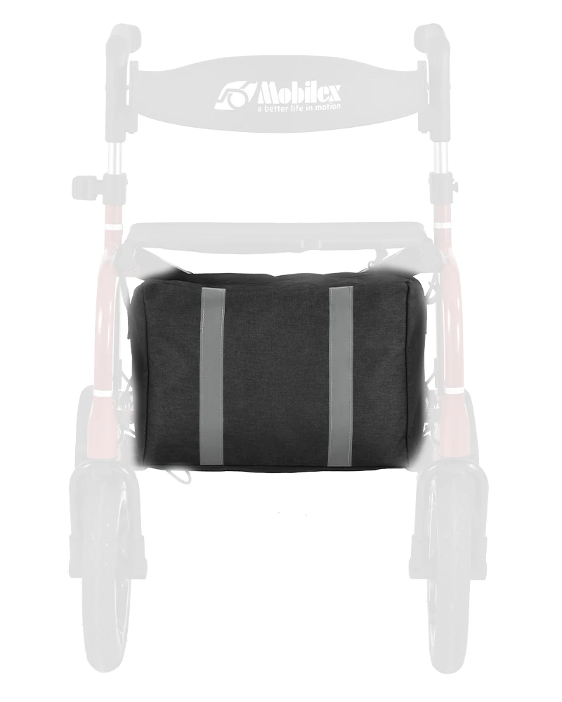 Black bag attached to Mobilex Puma Air Rollator frame.