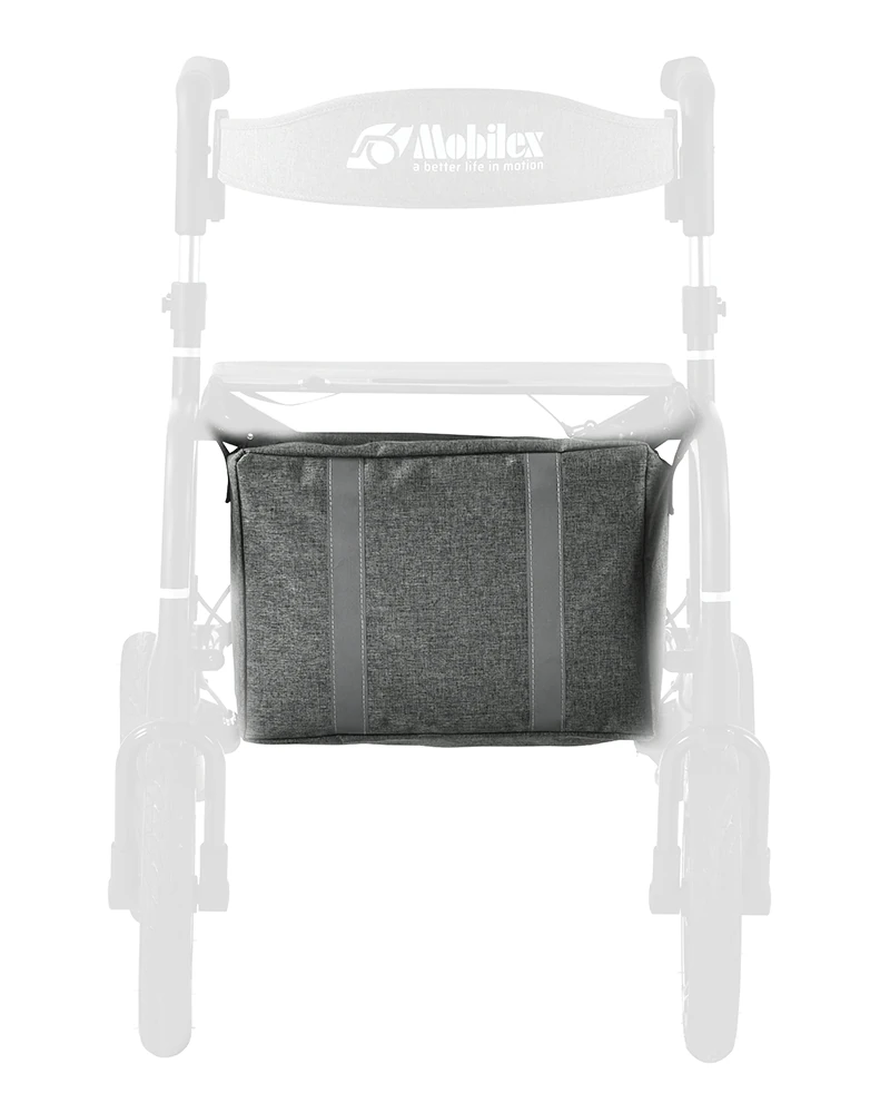 Gray bag attached to a Mobilex Puma Air Rollator.