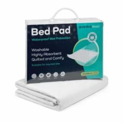 Packaged bed pad with visible text 'Bed Pad Waterproof Bed Protection'.