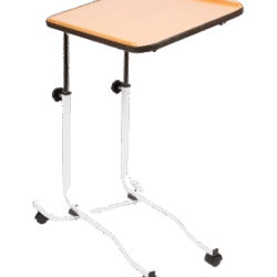 Height-adjustable overbed table with wheels and tilting mechanism.
